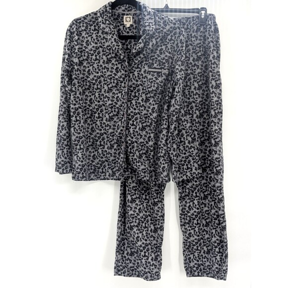Anne Klein Gray Leopard Fleece Button Up Collared Cozy Pajama Set Size Large - Picture 1 of 11